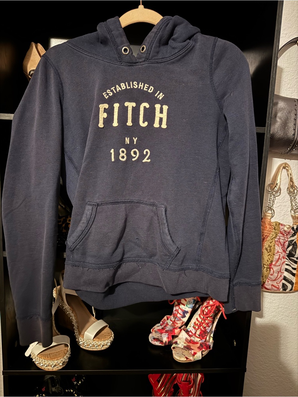 Abercrombie & Fitch Navy Crewneck Hoodie with Cream Logo